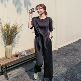 黑色韩版休闲运动风设计款T恤套装女2025年夏季新款阔腿裤两件套，女装套装/套裙，茜茜公主