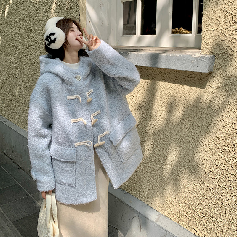 2025冬季新款现货蓝色羊羔毛外套牛角扣呢子外套166-6618P195K298,女装短外套,茜茜公主