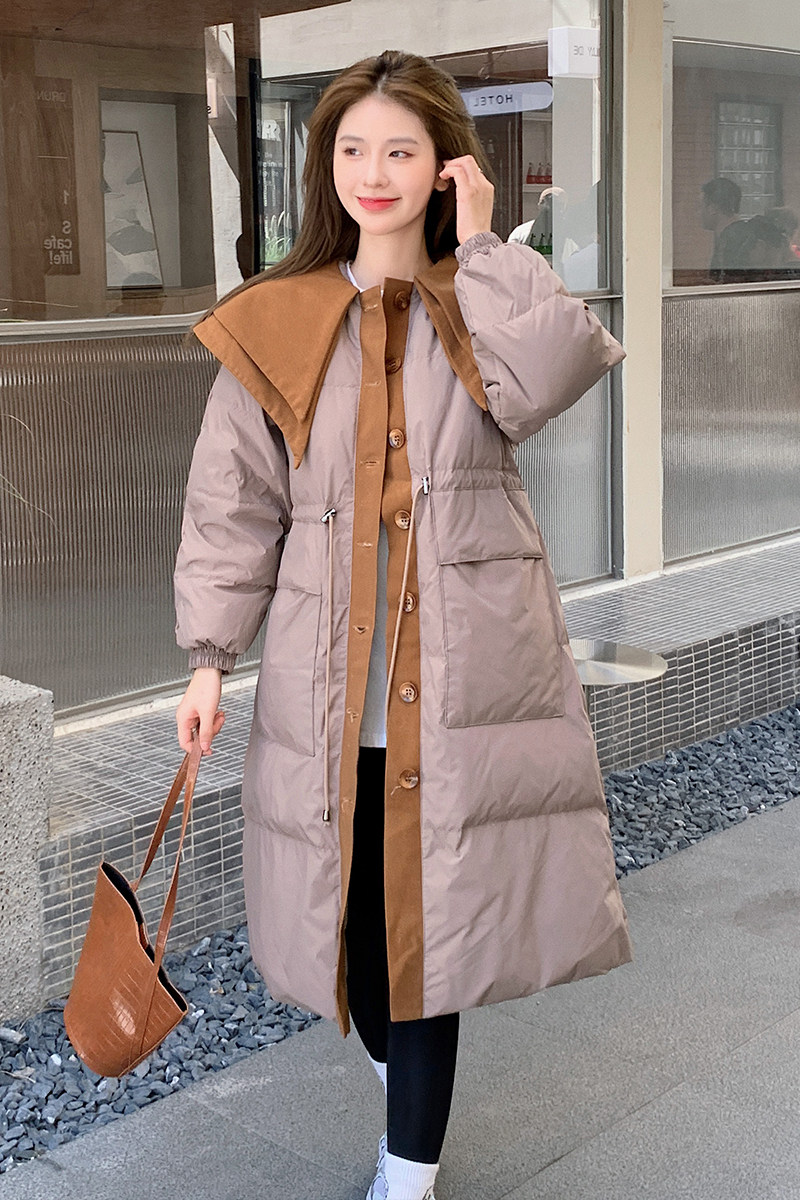 2022冬季新款拼色显瘦腰抽绳中长款羽绒服166-9913P260K418,女装羽绒服,茜茜公主