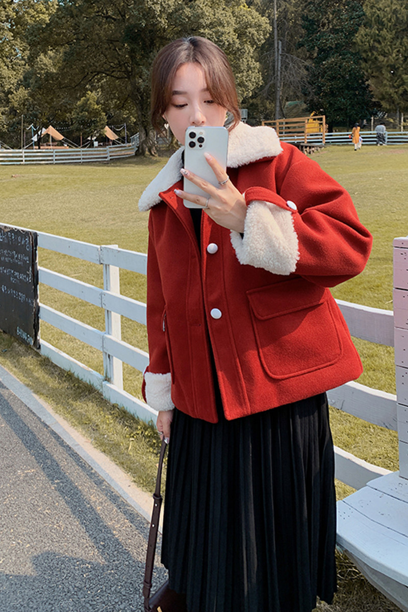 2022冬季新款现货圣诞红加厚羊羔毛领呢外套166-9966P165K268,女装毛呢外套,茜茜公主