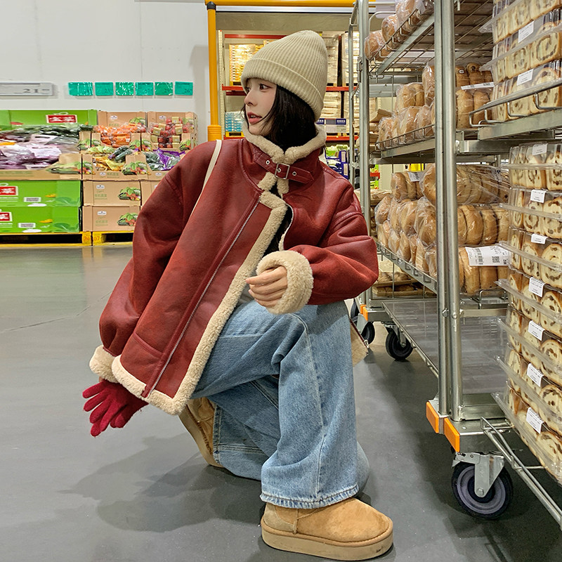 美式复古安可拉红皮毛一体羊羔毛外套女冬季加绒加厚棉服流行爆款,女装棉衣/棉服,茜茜公主