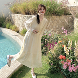 米白色刺绣仙女连衣裙女2024秋季新款法式漂亮温柔风甜美气质长裙，女装连衣裙，茜茜公主