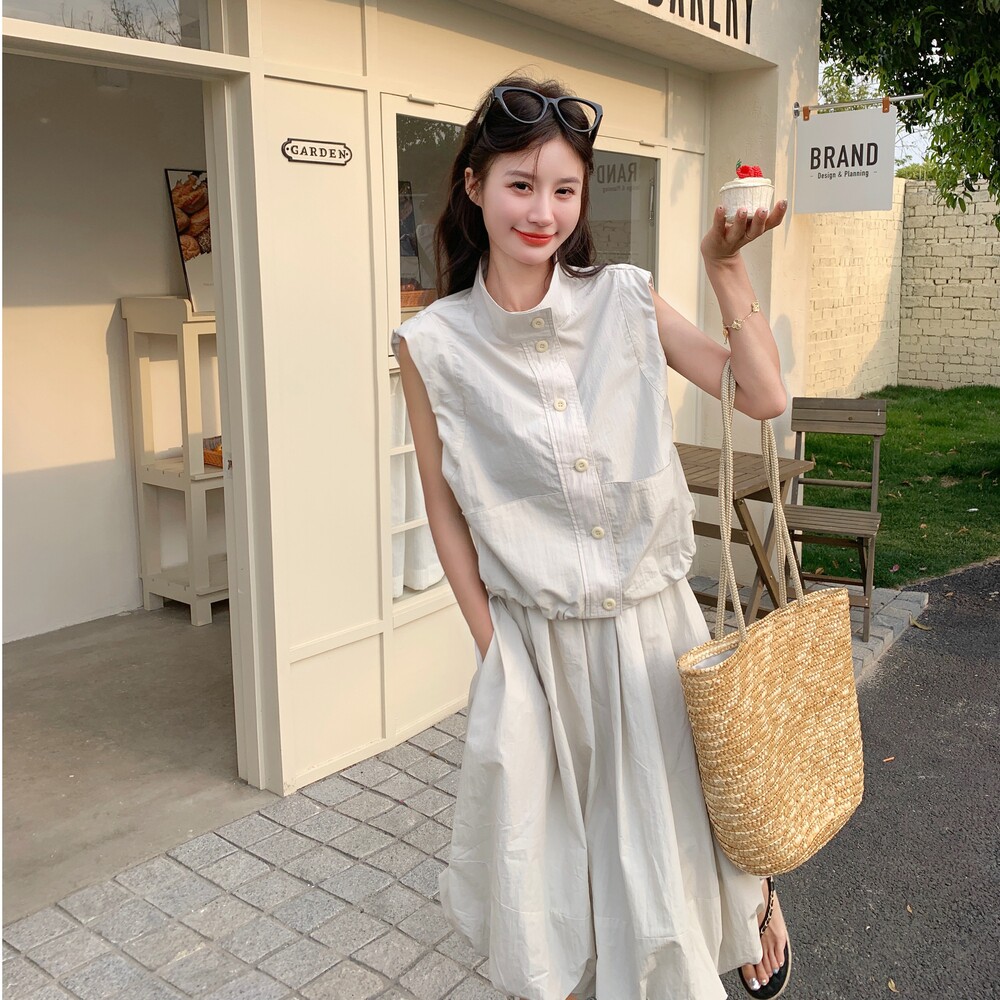 白色休闲立领马甲半身裙套装女2025夏新款高级感宽松小个子两件套,女装套装/套裙,茜茜公主