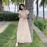 撞色泡泡袖波点连衣裙女夏装2025新款独特漂亮可盐可甜温柔风长裙，女装连衣裙，茜茜公主
