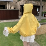 黄色蕾丝拼接连帽防晒衫外套女2025夏季新款洋气炸街小个子上衣潮，女装短外套，茜茜公主