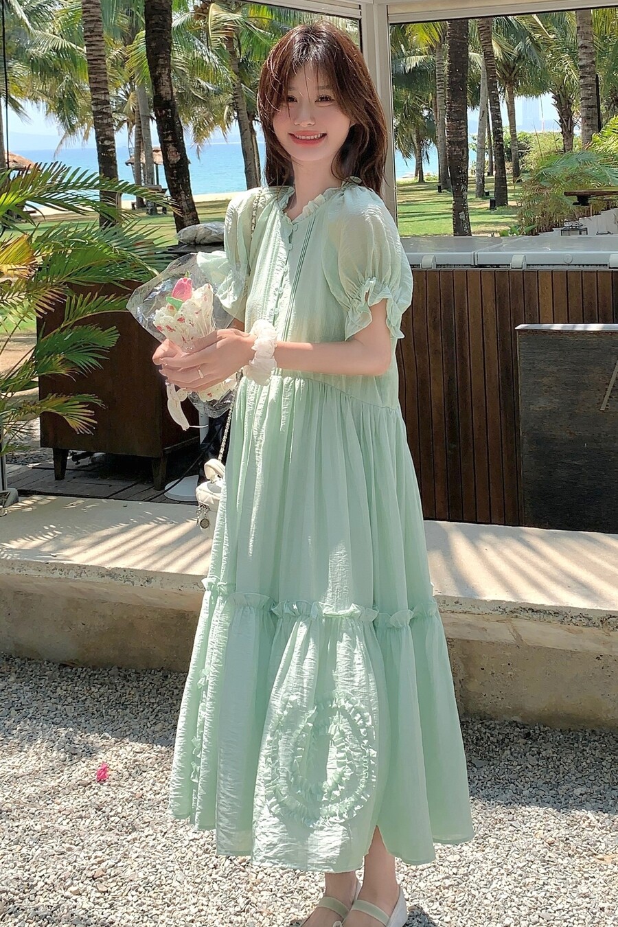 法式甜美木耳边泡泡袖显瘦连衣裙女2025夏圆领气质收腰长裙A字裙,女装连衣裙,茜茜公主
