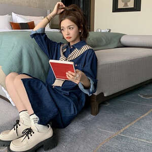 高级感披肩连衣裙女2025春秋季新款小个子休闲牛仔长袖衬衫连身裙图片