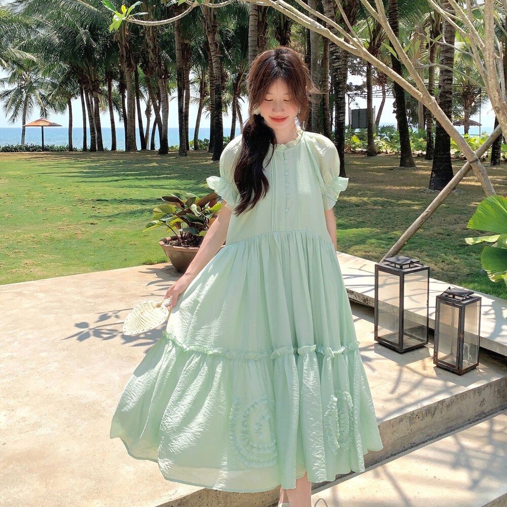 法式甜美木耳边泡泡袖显瘦连衣裙女2025夏圆领气质收腰长裙A字裙,女装连衣裙,茜茜公主