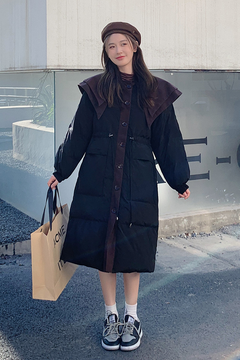 2022冬季新款拼色显瘦腰抽绳中长款羽绒服166-9913P260K418,女装羽绒服,茜茜公主