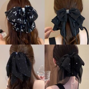 抓夹大蝴蝶结马尾夹后脑勺半扎发女气质轻奢百搭鲨鱼发夹黑色飘带