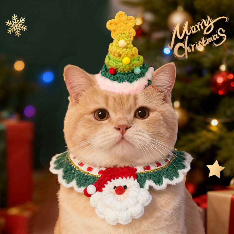 圣诞节猫咪狗狗手工编织围脖可爱口水巾节日装扮帽子服饰宠物围兜