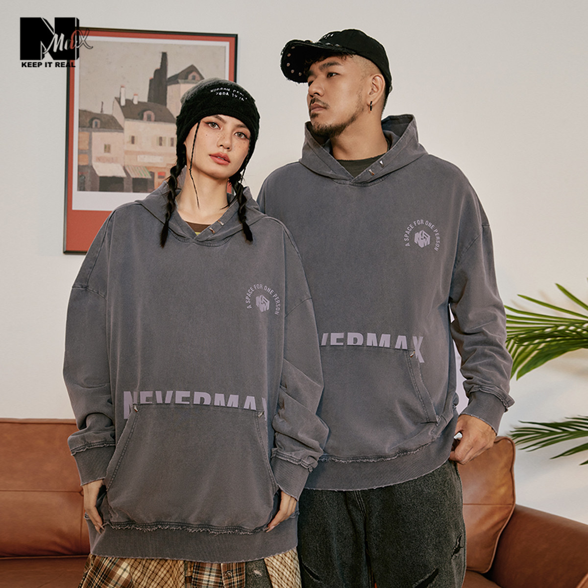 NMAX大码潮牌男装复古连帽卫衣秋季新品重磅水洗做旧风hiphop帽衫