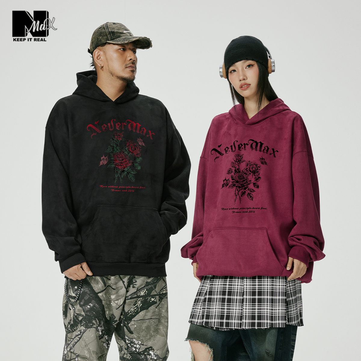 NMAX大码潮牌男装25年秋新品复古配色玫瑰烫画卫衣小众设计感上衣