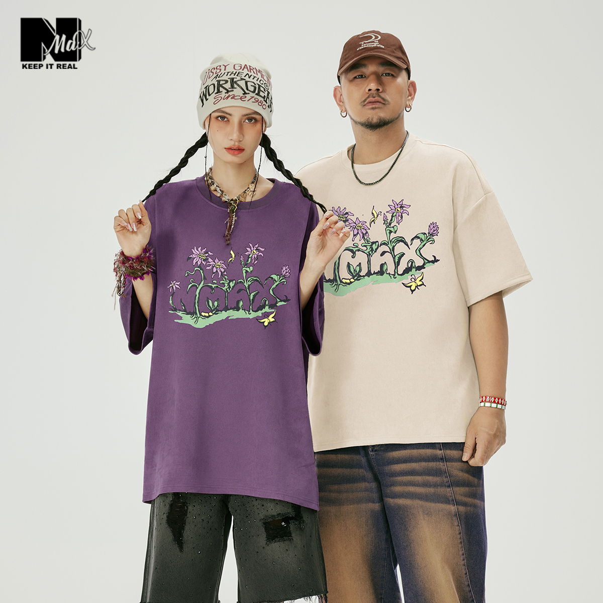 NMAX大码潮牌男装25年夏美式潮流花卉印花短袖T恤宽松大码情侣装