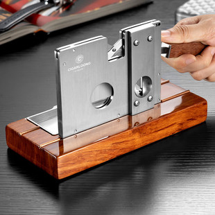 茄龙台式雪茄剪刀实木不锈钢防滑底座双刀口V型大口径多功能剪