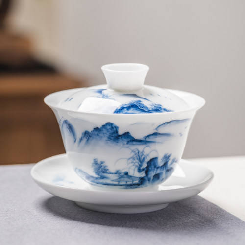 手绘大号单个青花瓷山水功夫茶具
