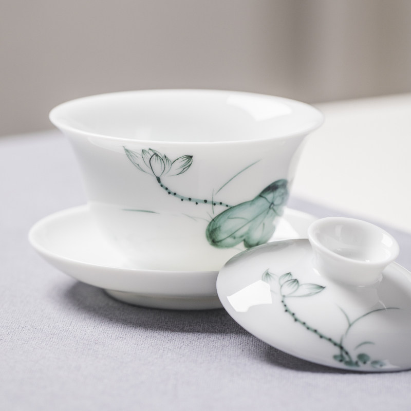 手绘三才盖碗茶杯大号单个白玉瓷敬沏泡茶功夫茶具三炮台荷花清雅