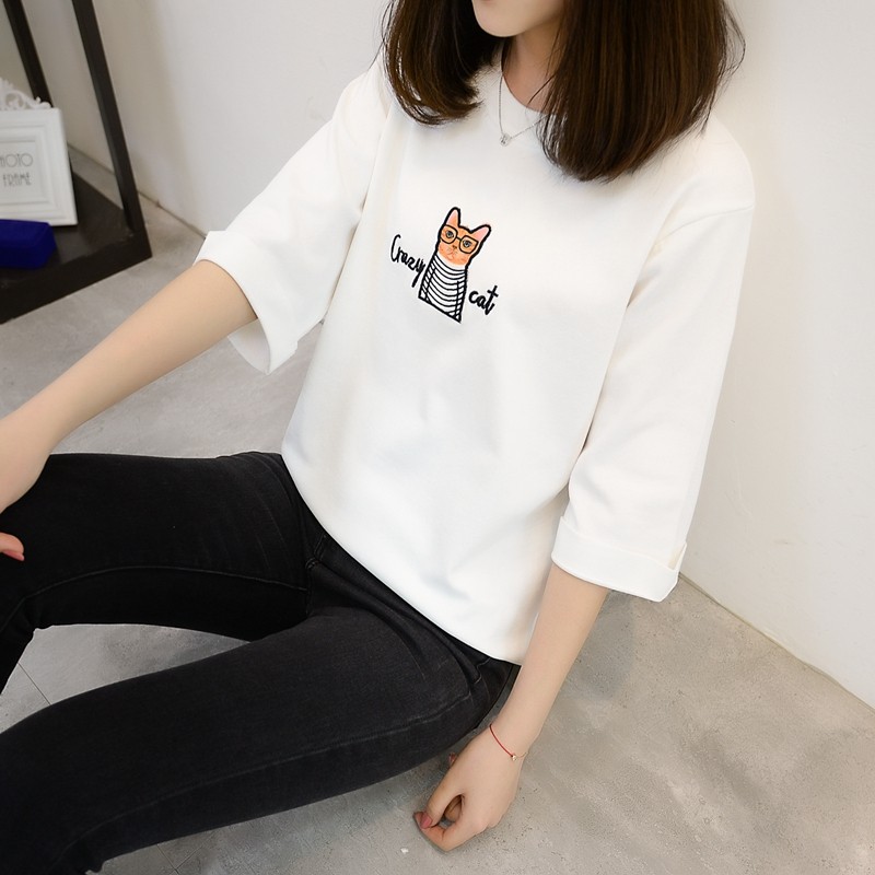 2018早春七分袖韩版女装夏季刺绣眼镜猫大码宽松针织女上衣潮