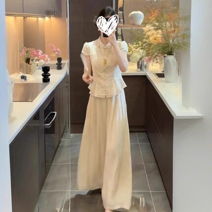 夏季新中式国风搭配一整套干练气质轻奢高级感杏色盘扣裙裤套装女