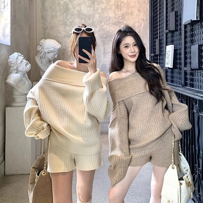 WITHMXBOOM灰灰家气质针织套装一字肩毛衣+宽松休闲短裤两件套女