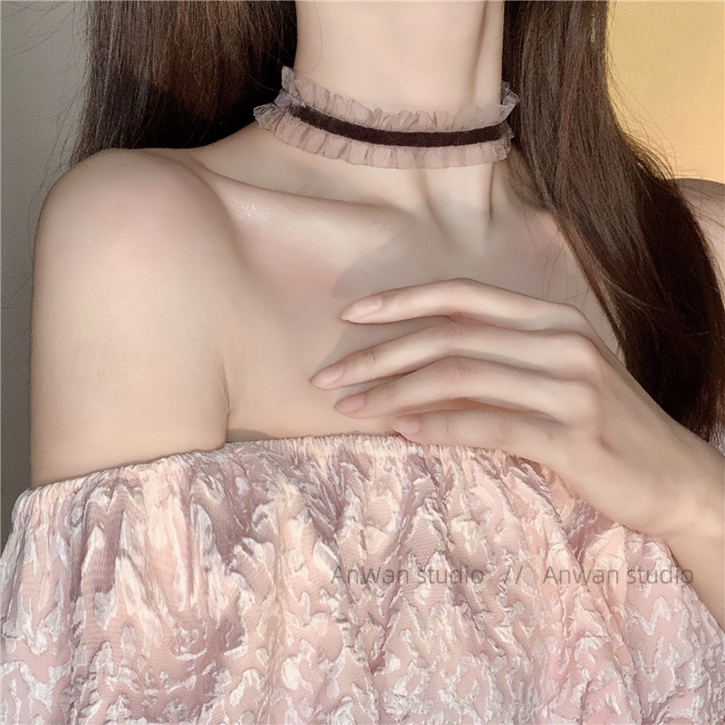 丝绒荷叶边锁骨链高端蕾丝甜美女