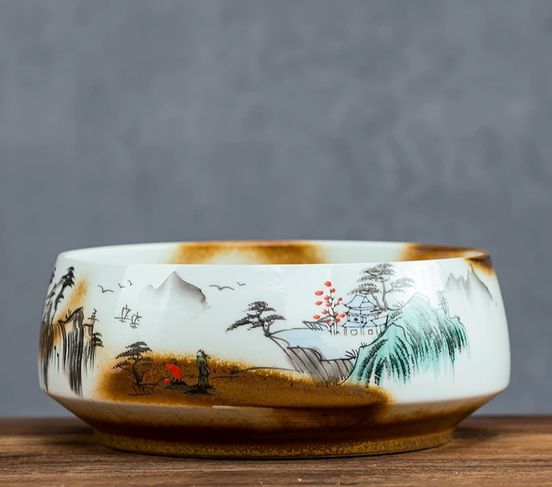 创意轻奢手绘中式白瓷烟灰缸大码 家用客厅桌面 多功能果皮收纳缸