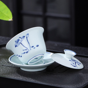 陶瓷悬停盖碗三才茶杯单个大容量 功夫茶具 家用青花中式 八宝茶碗