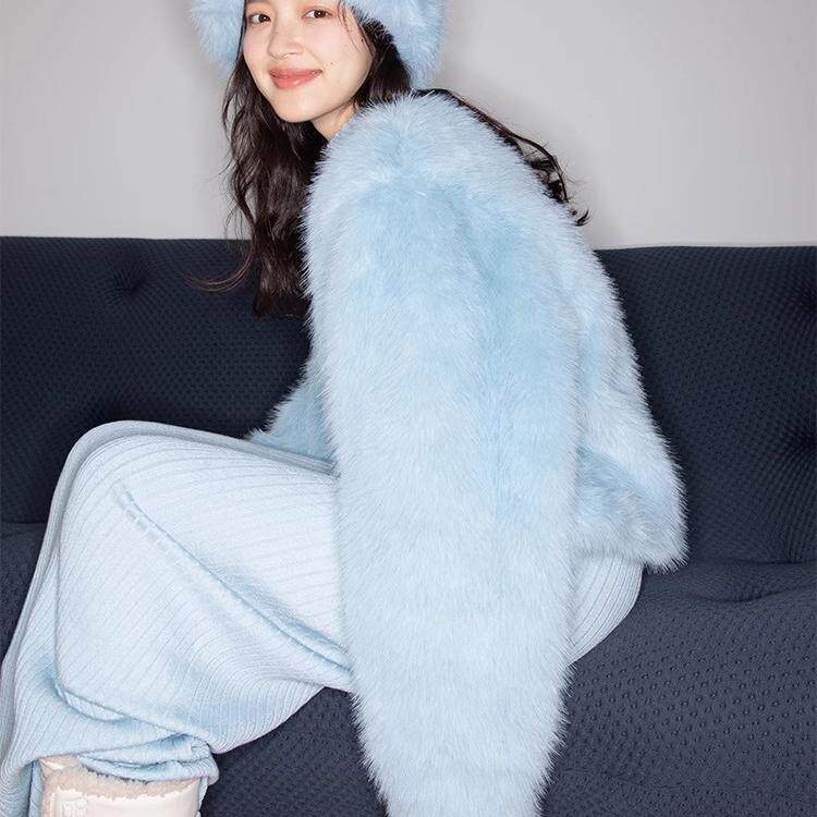 复古婴儿蓝 新款狐狸毛外套 狐狸整皮定制 外单定制款