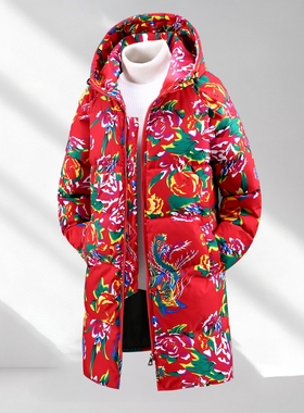 东北牡丹花中长款棉衣男女情侣加厚保暖棉服国潮冬季潮流棉袄外套
