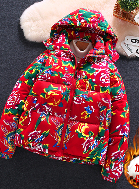 2025国潮东北大花棉袄男女情侣款连帽牡丹花冬季网红外套保暖棉服