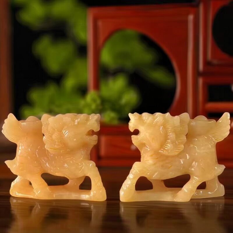 天然玉石麒麟摆件一对家居客厅办公室装饰品吉祥物送礼工艺品摆设