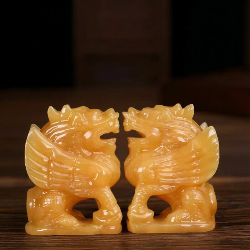天然黄玉麒麟摆件一对家居客厅办公室博古架开业乔迁装饰礼品摆设