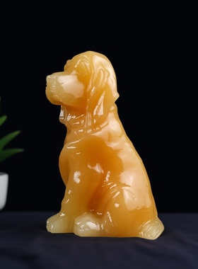 天然米黄玉生肖狗摆件玉石小狗电视柜博古架旺财狗家居装饰品摆设