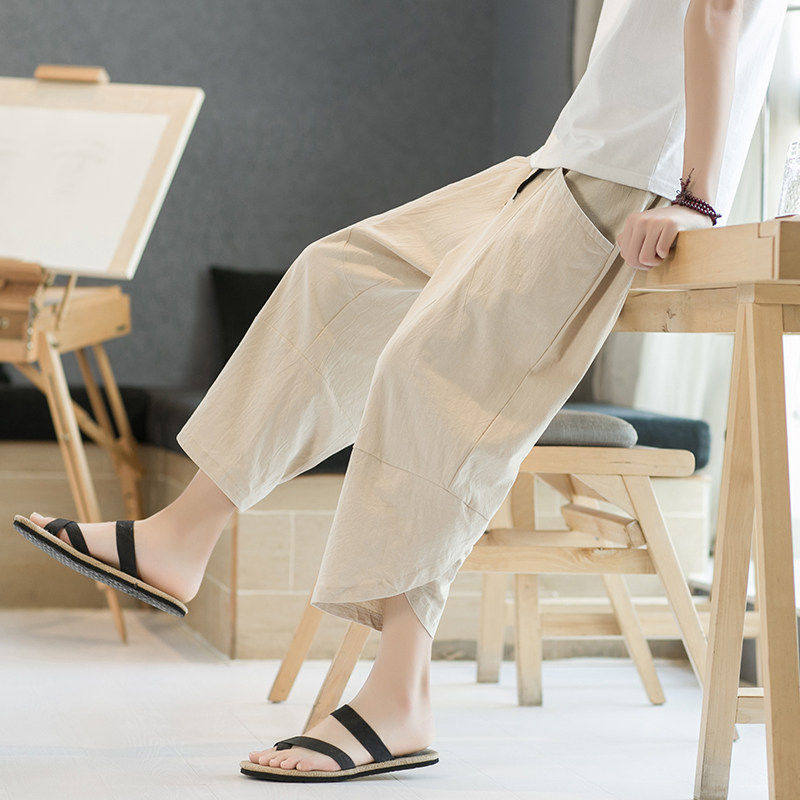 亚麻九分裤男款夏薄款棉麻裤子男士夏季套装宽松直筒七八分休闲裤