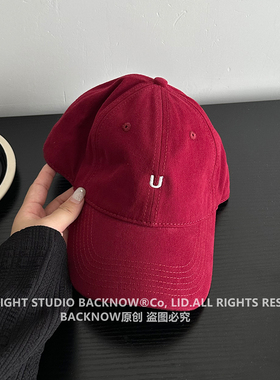 BACKNOW自制棒球帽女韩版百搭大头围遮阳字母U鸭舌帽男红色帽子潮