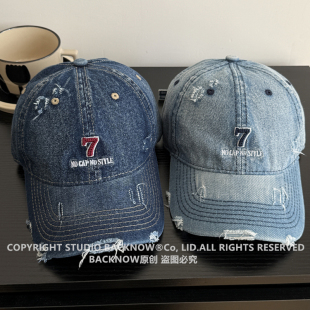 BACKNOW帽子女显脸小棒球帽韩版水洗牛仔数字7鸭舌帽男士春夏日系