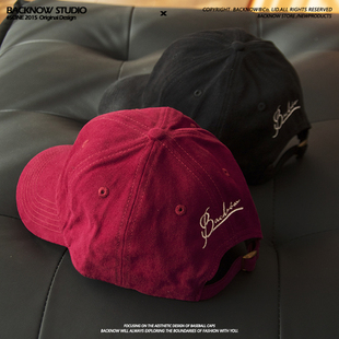 美式 宽弯檐深顶棒球帽男 复古显白酒红色鸭舌帽子女显脸小街头新款