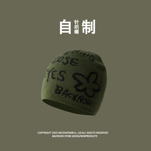 BACKNOW原创提花字母针织帽子女秋冬登山毛线帽显脸小薄款冷帽男