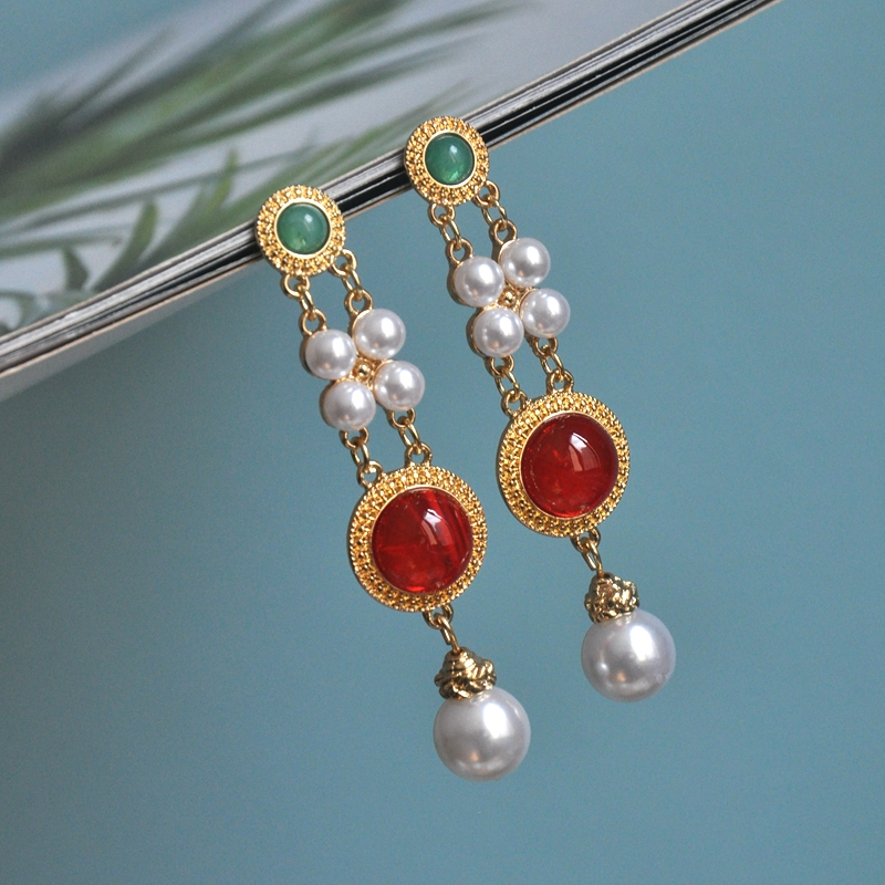 帝慕卿红绿撞色长款宫廷银针耳饰