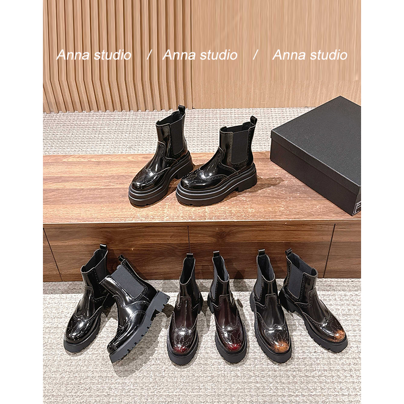 复古牛皮布洛克雕花切尔西短靴