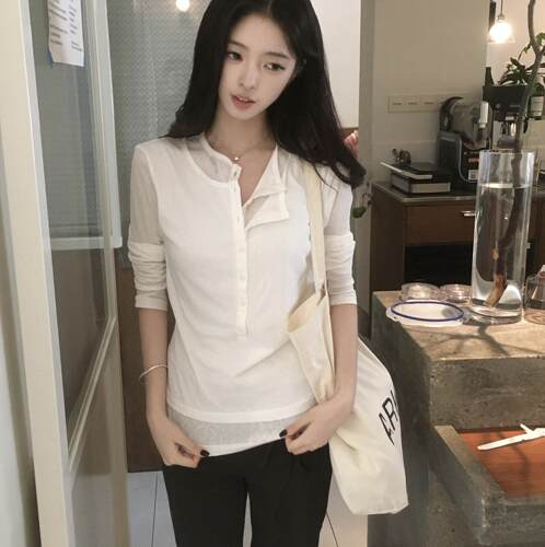 Passway 美式亨利衫领设计感假两件长袖T恤女款打底衫上衣
