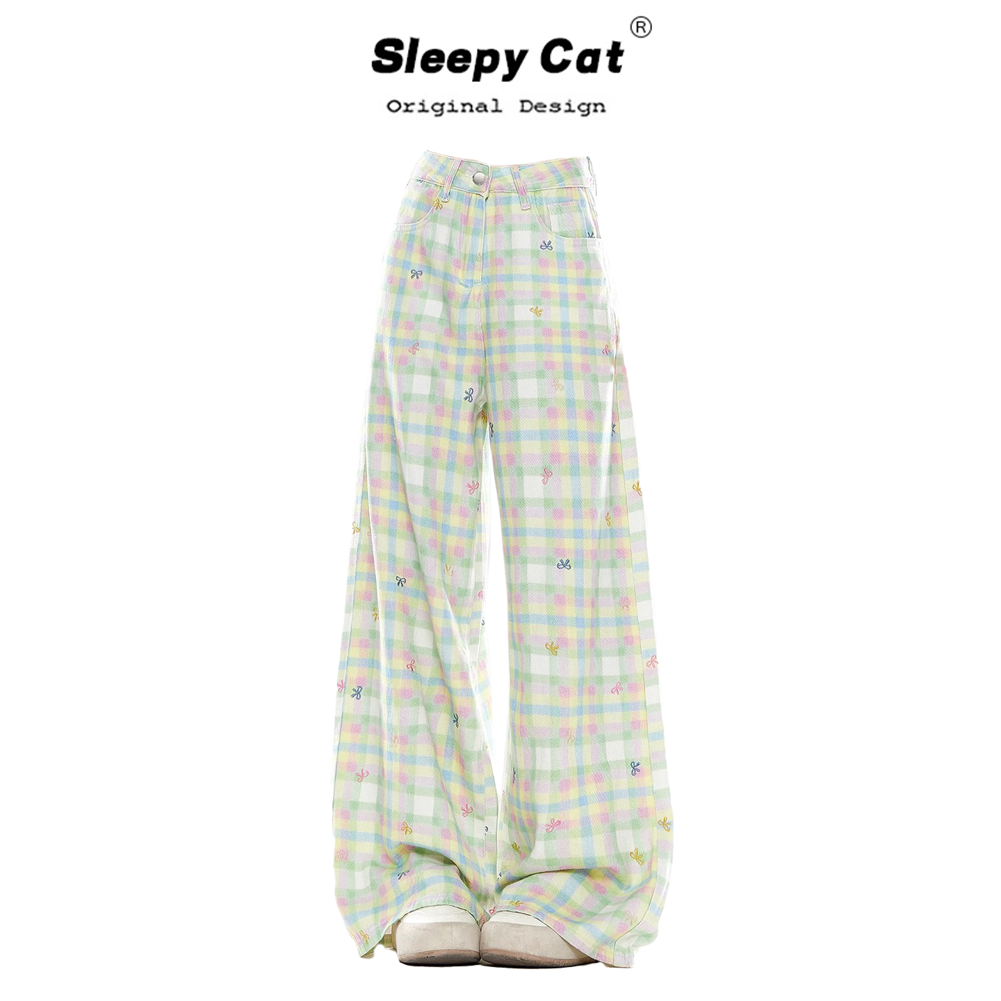 Sleepy cat瞌睡猫 夏日多巴胺穿搭绿色格子休闲裤夏轻阔腿长裤子