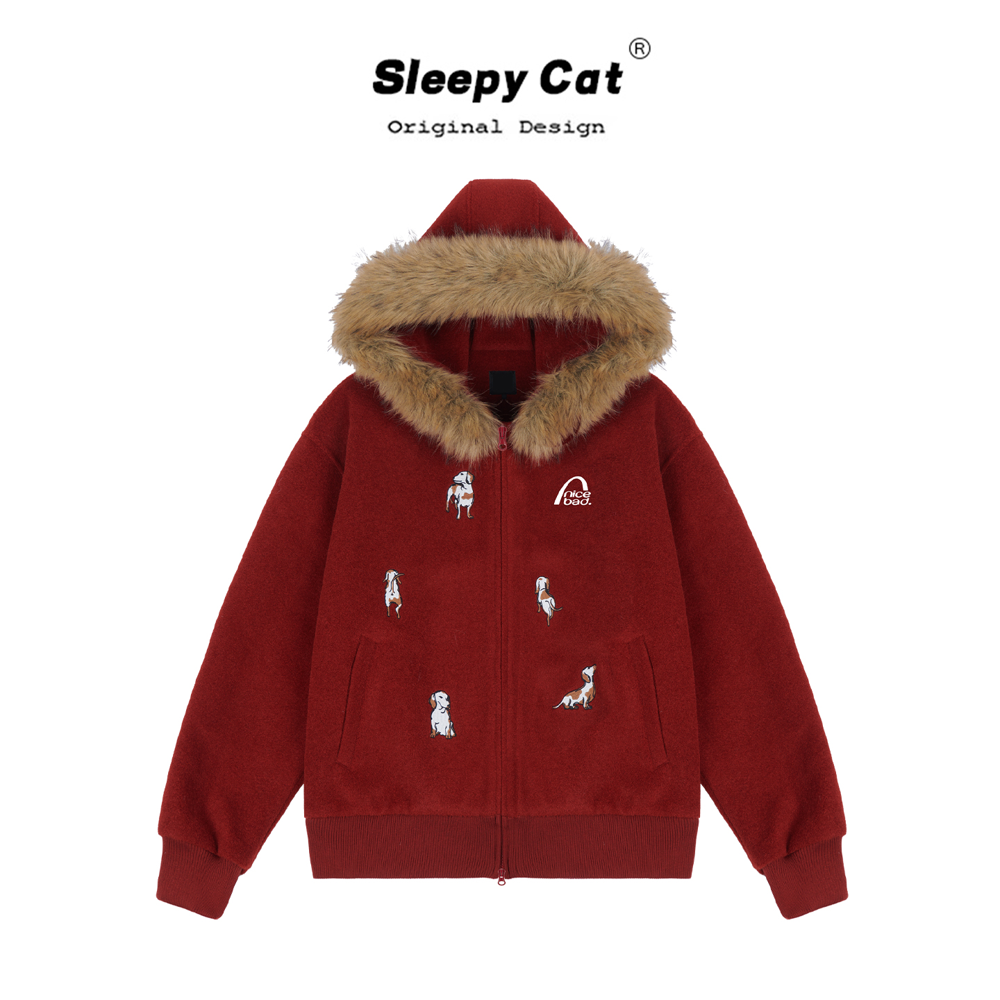 NICEBAD 美式刺绣小狗毛领连帽卫衣女秋冬宽松加厚保暖毛呢外套潮