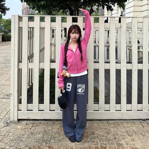 BESOBER 甜美少女玫粉色短款连帽开衫2026春秋冬修身拉链卫衣外套