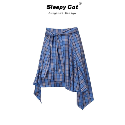 LOALA OFFICE  美学不规则层次感衬衫式系带设计感宽松格纹半裙女