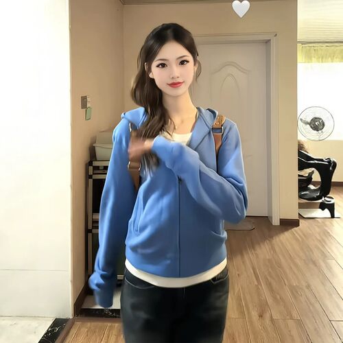 BESOBER 简约百搭慵懒小众修身短款开衫蓝色连帽外套女士拉链卫衣