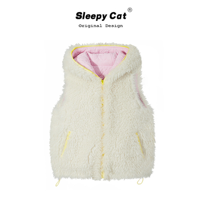 8uioio 韩系甜美风熊耳朵连帽马甲棉服女秋冬新款毛毛短款外套ins