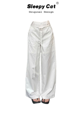 4PRIL 美式复古假门襟绑带休闲裤2025夏季高腰显瘦抽绳阔腿降落伞