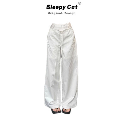 4PRIL 美式复古假门襟绑带休闲裤2025夏季高腰显瘦抽绳阔腿降落伞