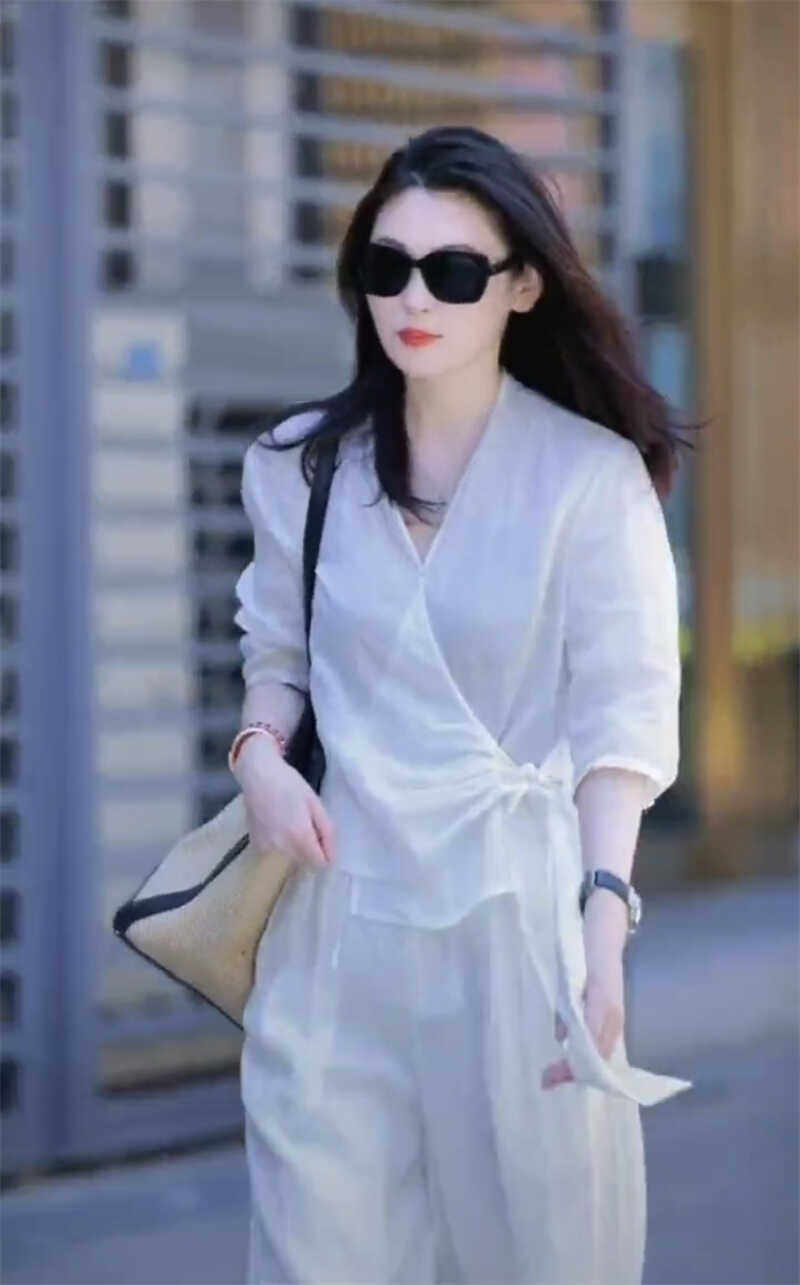 高级女V领衬衫日系休闲宽松直筒裤夏阔腿裤气质薄料棉麻慵懒套装